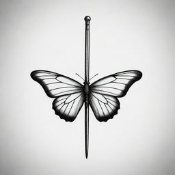 A minimalistic tattoo design in black and white, featuring a headless butterfly elegantly merged with a narrow sword