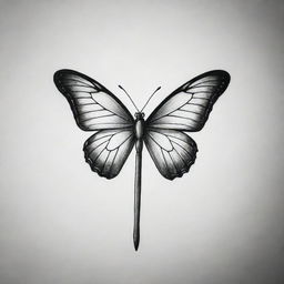 A minimalistic tattoo design in black and white, featuring a headless butterfly elegantly merged with a narrow sword