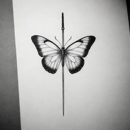 A minimalistic tattoo design in black and white, featuring a headless butterfly elegantly merged with a narrow sword