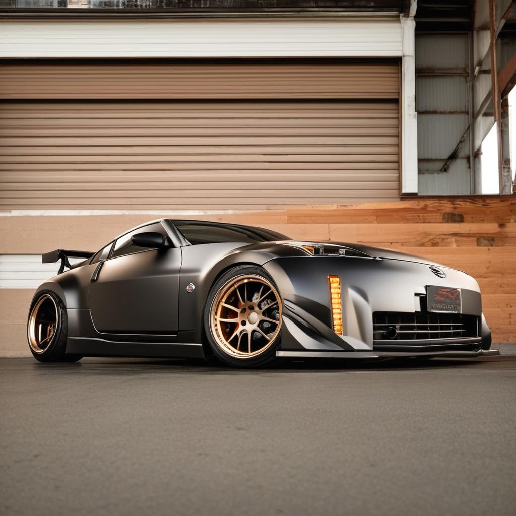 A sleek Nissan 350z customized with a cutting-edge body kit that accentuates its aerodynamic curves. It sports phat, oversized rims creating a low-profile, powerful stance on an urban street.