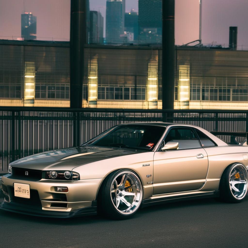 A tricked out Nissan 350GT Skyline, enhanced with a state-of-the-art body kit amplifying its muscular contour. It sits low on large, robust rims which add to its commanding presence on a neon-lit cityscape.