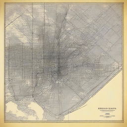 An intricately detailed, top-quality digital art depicting a city map from the 1920s