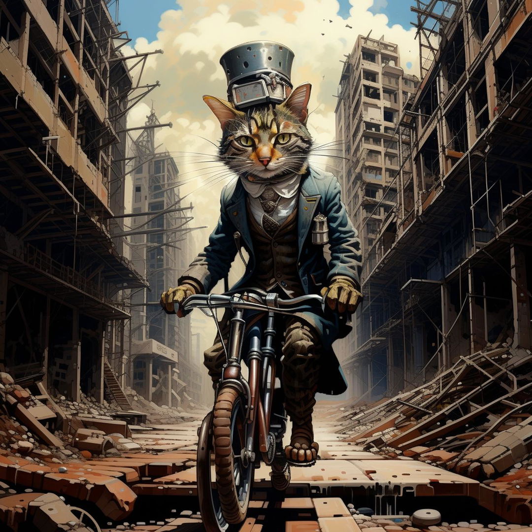 A cat stylishly dressed in a top hat, balancing itself on a unicycle, navigating through the ruins of a post-apocalyptic dystopian city.