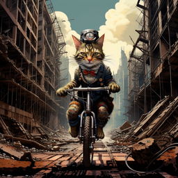 A cat stylishly dressed in a top hat, balancing itself on a unicycle, navigating through the ruins of a post-apocalyptic dystopian city.