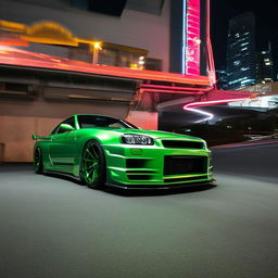 A tricked out Nissan 350GT Skyline, enhanced with a state-of-the-art body kit amplifying its muscular contour. It sits low on large, robust rims which add to its commanding presence on a neon-lit cityscape.