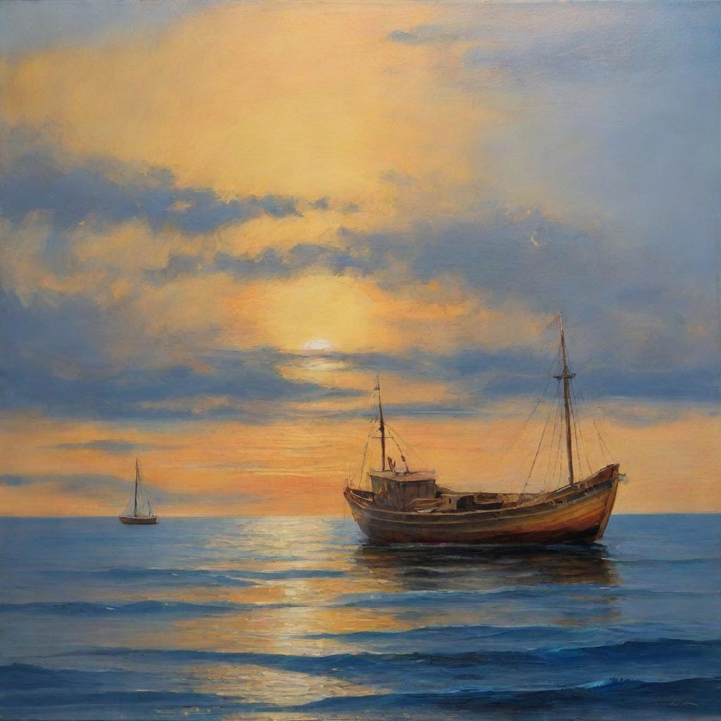 Three tableaux in oil paint depicting a boat at sea in yellow, blue, and dark orange tones that harmoniously complement each other.