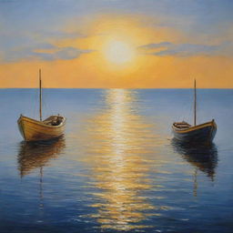 Three tableaux in oil paint depicting a boat at sea in yellow, blue, and dark orange tones that harmoniously complement each other.