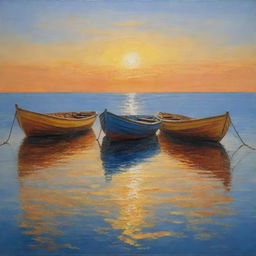 Three tableaux in oil paint depicting a boat at sea in yellow, blue, and dark orange tones that harmoniously complement each other.