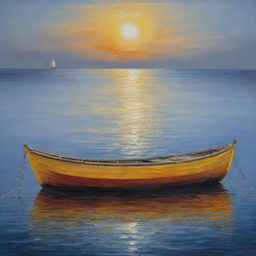 Three tableaux in oil paint depicting a boat at sea in yellow, blue, and dark orange tones that harmoniously complement each other.