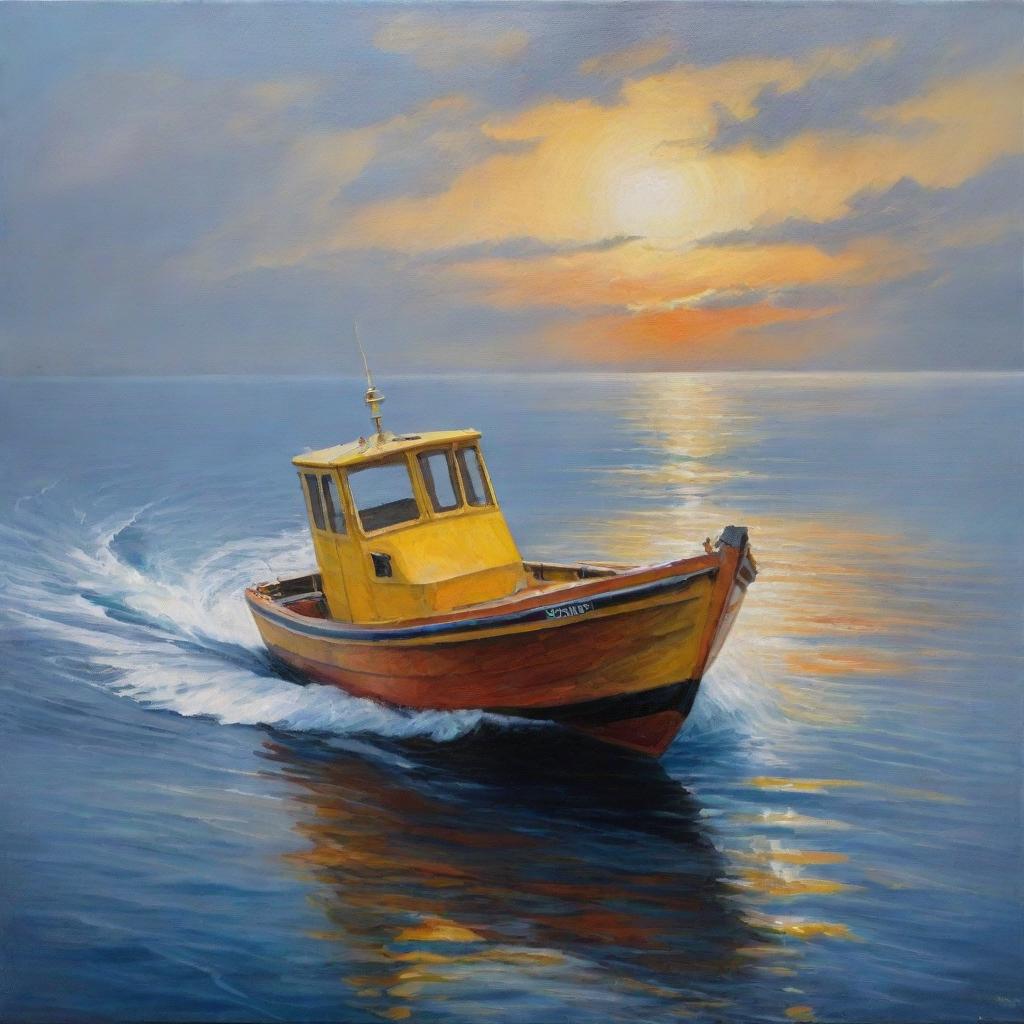 High definition oil painting of a boat at sea in harmonizing hues of yellow, blue, and dark orange.