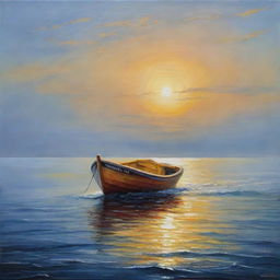 High definition oil painting of a boat at sea in harmonizing hues of yellow, blue, and dark orange.