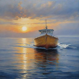 High definition oil painting of a boat at sea in harmonizing hues of yellow, blue, and dark orange.