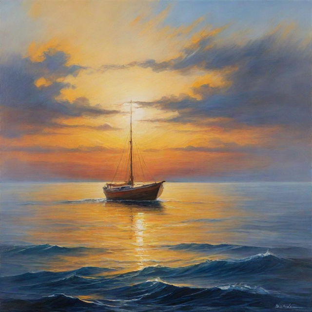 High definition oil painting of a boat at sea in harmonizing hues of yellow, blue, and dark orange.