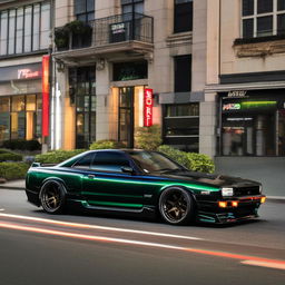 A tricked out Nissan 350GT Skyline, enhanced with a state-of-the-art body kit amplifying its muscular contour. It sits low on large, robust rims which add to its commanding presence on a neon-lit cityscape.