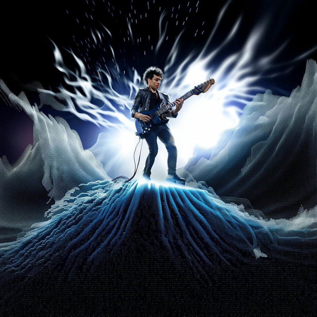 A man positioned on a glittering silver mountain with an electric guitar, caught in a moment of powerful shredding, surrounded by vibrant sound waves.