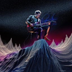 A man positioned on a glittering silver mountain with an electric guitar, caught in a moment of powerful shredding, surrounded by vibrant sound waves.