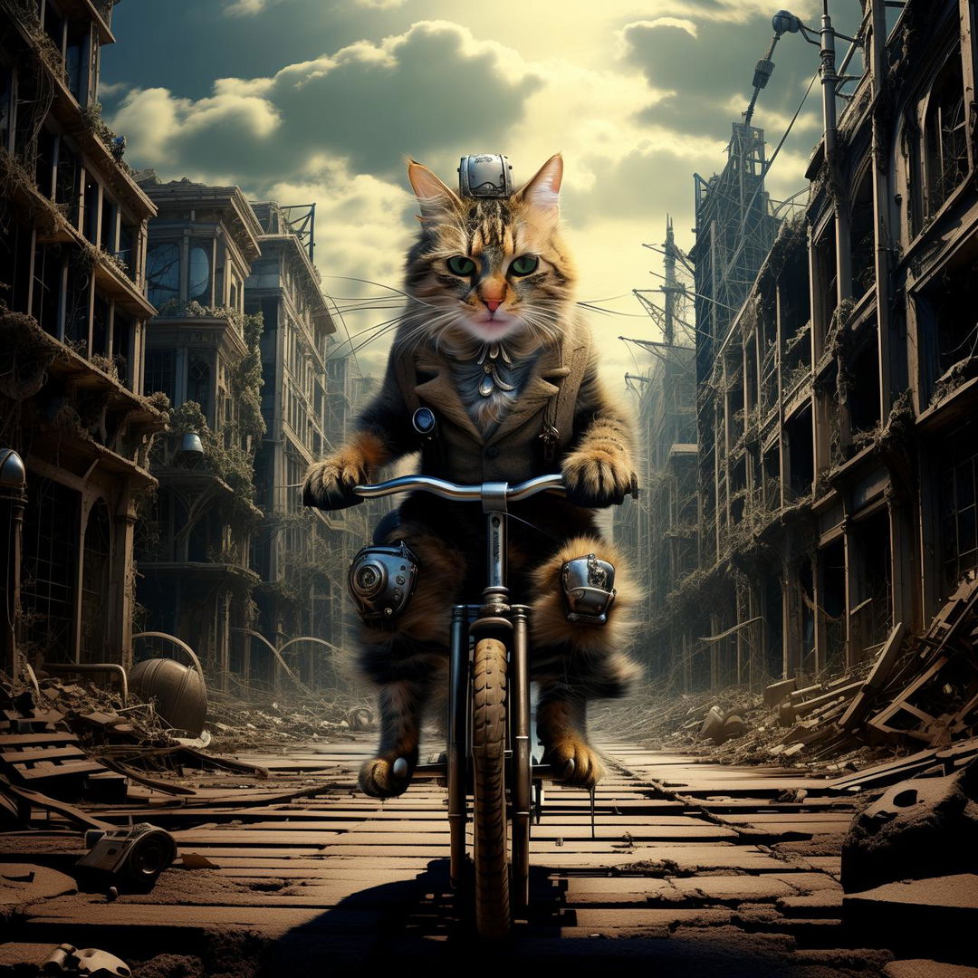 A regal-looking cat wearing a distinguished top hat, expertly riding a unicycle through the bleak and dystopian remains of a once bustling city.