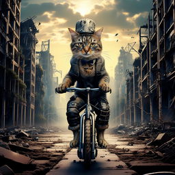 A regal-looking cat wearing a distinguished top hat, expertly riding a unicycle through the bleak and dystopian remains of a once bustling city.