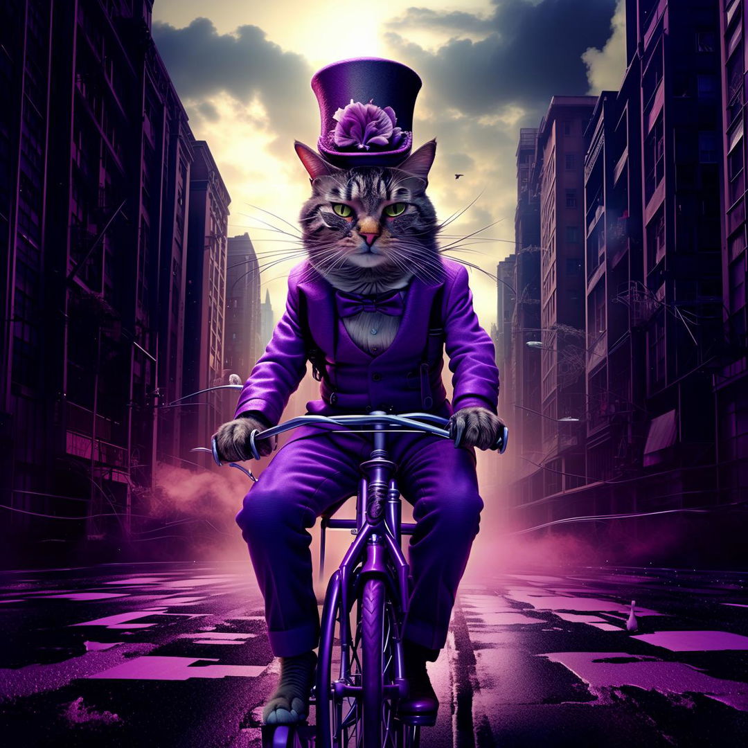 An eccentric cat dressed in a vibrant purple suit and a towering top hat, skillfully riding a unicycle through a ghostly, dystopian cityscape.