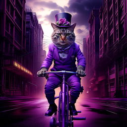 An eccentric cat dressed in a vibrant purple suit and a towering top hat, skillfully riding a unicycle through a ghostly, dystopian cityscape.