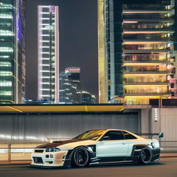 A tricked out Nissan 350GT Skyline, enhanced with a state-of-the-art body kit amplifying its muscular contour. It sits low on large, robust rims which add to its commanding presence on a neon-lit cityscape.