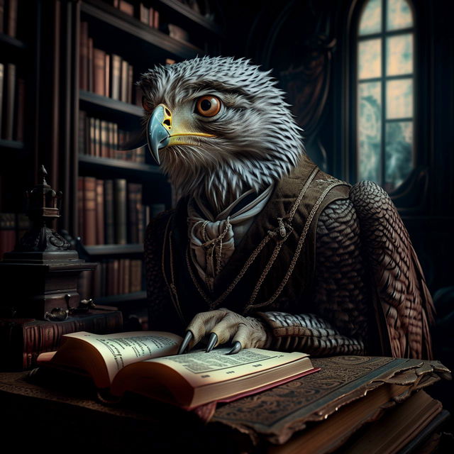 A raptor with a touch of wisdom, deep in thought, gently touching its chin with one claw, wearing a monocle, surrounded by the grandeur of a Victorian library, pondering the enigmas of life.