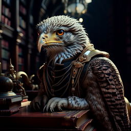 A raptor with a touch of wisdom, deep in thought, gently touching its chin with one claw, wearing a monocle, surrounded by the grandeur of a Victorian library, pondering the enigmas of life.