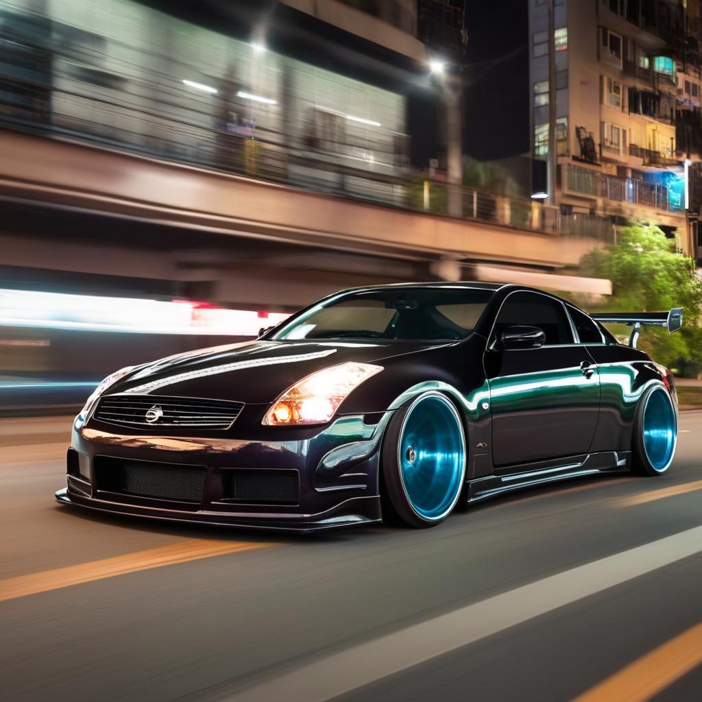 A modded Nissan G35, fitted with an aggressive body kit that complements its athletic profile. Its dynamic stance is accentuated by oversized, flashy rims, making it the perfect centerpiece in a bustling urban night scene.