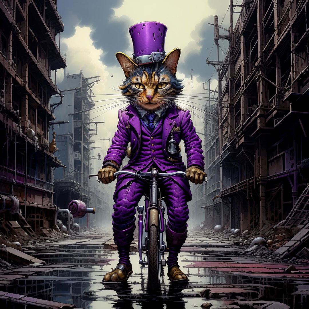 An eccentric cat adorned in a vivid purple suit and a lofty top hat, venturing on a unicycle through the dreary, derelict remnants of a grey dystopian city.