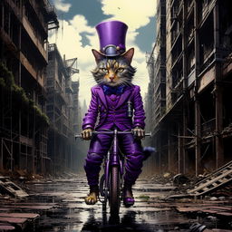 An eccentric cat adorned in a vivid purple suit and a lofty top hat, venturing on a unicycle through the dreary, derelict remnants of a grey dystopian city.