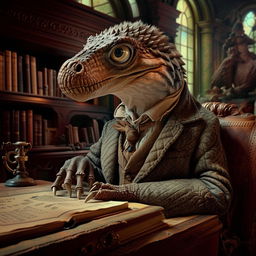 A thoughtful dinosaur, specifically a raptor, adorned with a monocle, immersed in a splendid old Victorian library, gently touching its chin, deep in contemplation over life's greatest mysteries.