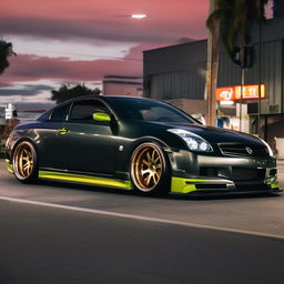 A modded Nissan G35, fitted with an aggressive body kit that complements its athletic profile. Its dynamic stance is accentuated by oversized, flashy rims, making it the perfect centerpiece in a bustling urban night scene.