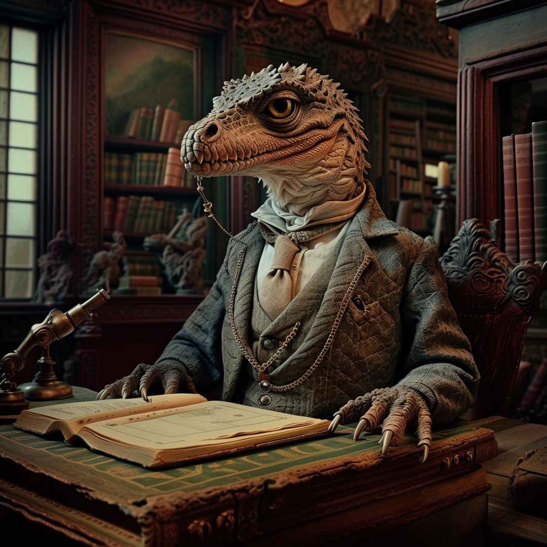 A thoughtful dinosaur, specifically a raptor, adorned with a monocle, immersed in a splendid old Victorian library, gently touching its chin, deep in contemplation over life's greatest mysteries.