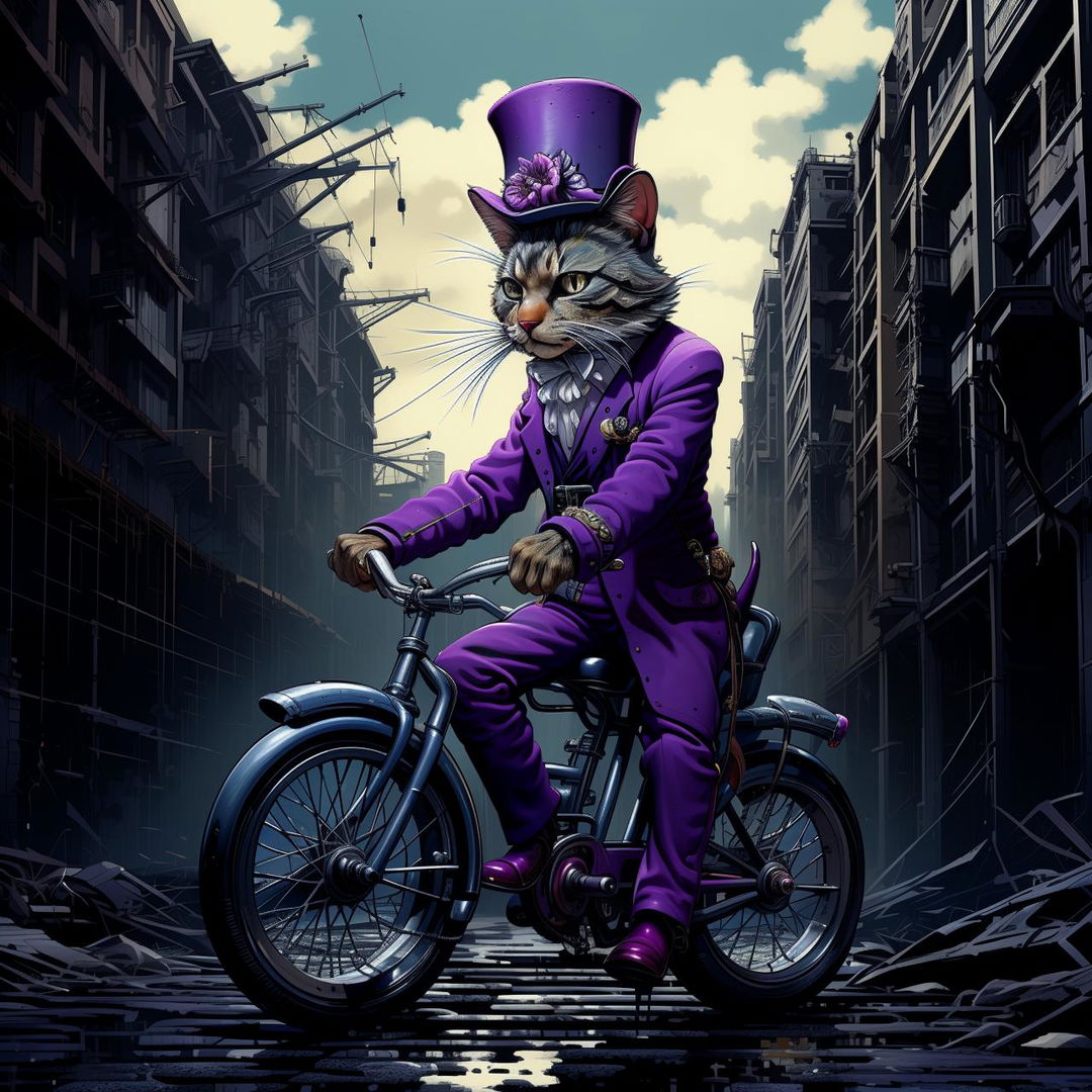 Side-profile view of an eccentric cat in a flamboyant purple suit, tall top hat, nimbly riding a unicycle through a grim, derelict, grey dystopian city.