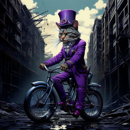 Side-profile view of an eccentric cat in a flamboyant purple suit, tall top hat, nimbly riding a unicycle through a grim, derelict, grey dystopian city.