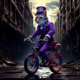 Side-profile view of an eccentric cat in a flamboyant purple suit, tall top hat, nimbly riding a unicycle through a grim, derelict, grey dystopian city.