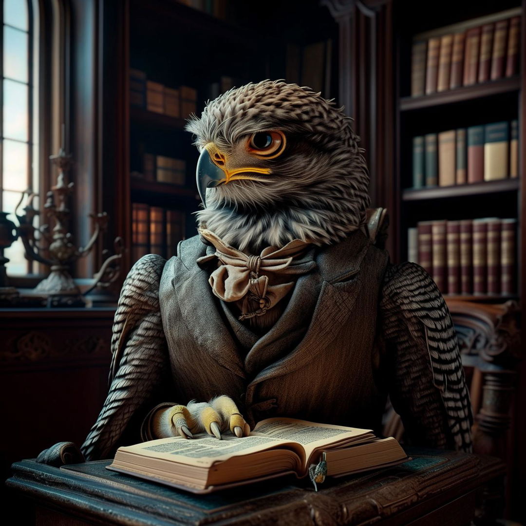 A philosophical raptor, wearing a monocle in an antique Victorian library, touching its chin in ponderous thought, echoing the posture of 'The Thinker' statue whilst deep in contemplation of life's greatest mysteries.