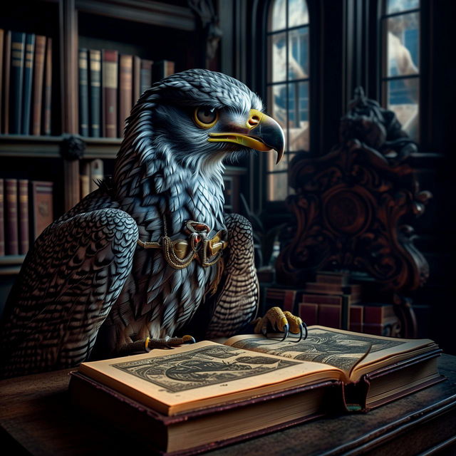 A philosophical raptor, wearing a monocle in an antique Victorian library, touching its chin in ponderous thought, echoing the posture of 'The Thinker' statue whilst deep in contemplation of life's greatest mysteries.