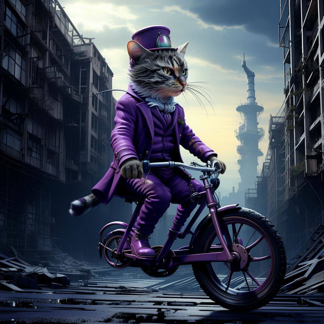 Side-profile of an eccentric cat in a radiant purple suit and towering top hat, adroitly riding a one-wheeled unicycle, journeying through a melancholic, derelict, grey dystopian city.