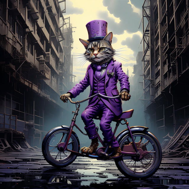 Side-profile of an eccentric cat in a radiant purple suit and towering top hat, adroitly riding a one-wheeled unicycle, journeying through a melancholic, derelict, grey dystopian city.