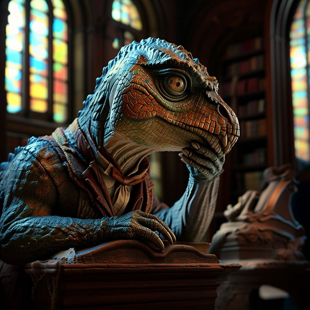 A thoughtful Velociraptor, adorned with a monocle in an ancient Victorian library, touching its chin in deep thought, taking the pose similar to 'The Thinker' sculpture while pondering over life's greatest mysteries.