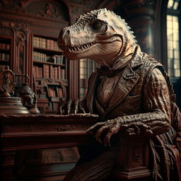 A thoughtful Velociraptor, adorned with a monocle in an ancient Victorian library, touching its chin in deep thought, taking the pose similar to 'The Thinker' sculpture while pondering over life's greatest mysteries.