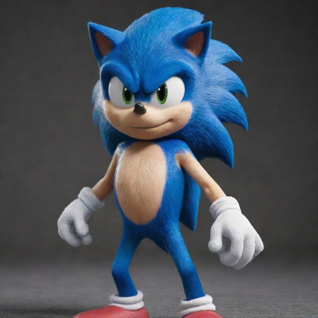 Generate an image of the character Sonic the Hedgehog, styled as he appears in the live-action movie, in a realistic interpretation.