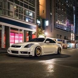 A modded Nissan G35, fitted with an aggressive body kit that complements its athletic profile. Its dynamic stance is accentuated by oversized, flashy rims, making it the perfect centerpiece in a bustling urban night scene.