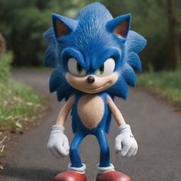 Generate an image of the character Sonic the Hedgehog, styled as he appears in the live-action movie, in a realistic interpretation.