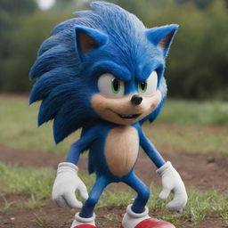 Generate an image of the character Sonic the Hedgehog, styled as he appears in the live-action movie, in a realistic interpretation.