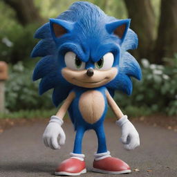 Generate an image of the character Sonic the Hedgehog, styled as he appears in the live-action movie, in a realistic interpretation.