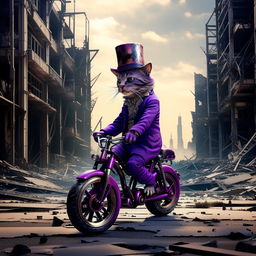 Side-profile of a quirky cat dressed in a bright purple suit and tall top hat, mastering a monocycle ride through the desolate, grey remains of a dystopian city.