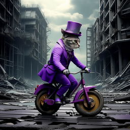 Side-profile of a quirky cat dressed in a bright purple suit and tall top hat, mastering a monocycle ride through the desolate, grey remains of a dystopian city.