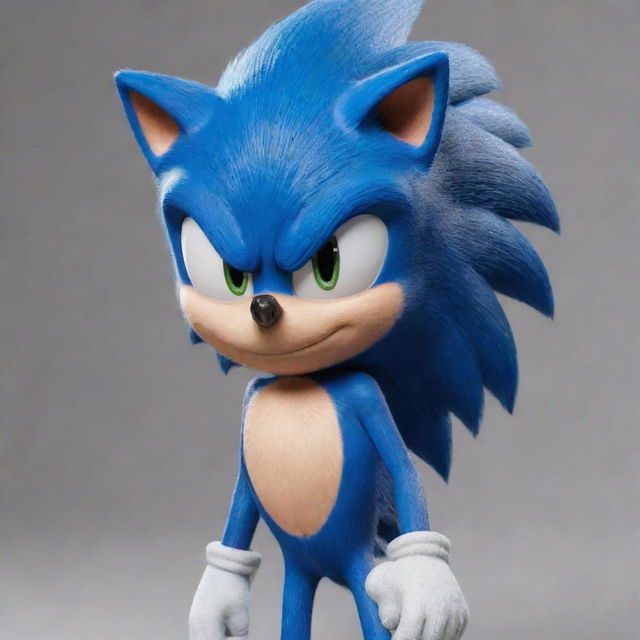 Generate an image of Sonic the Hedgehog character with realistic appearance and modelled after his depiction in the live-action movie.